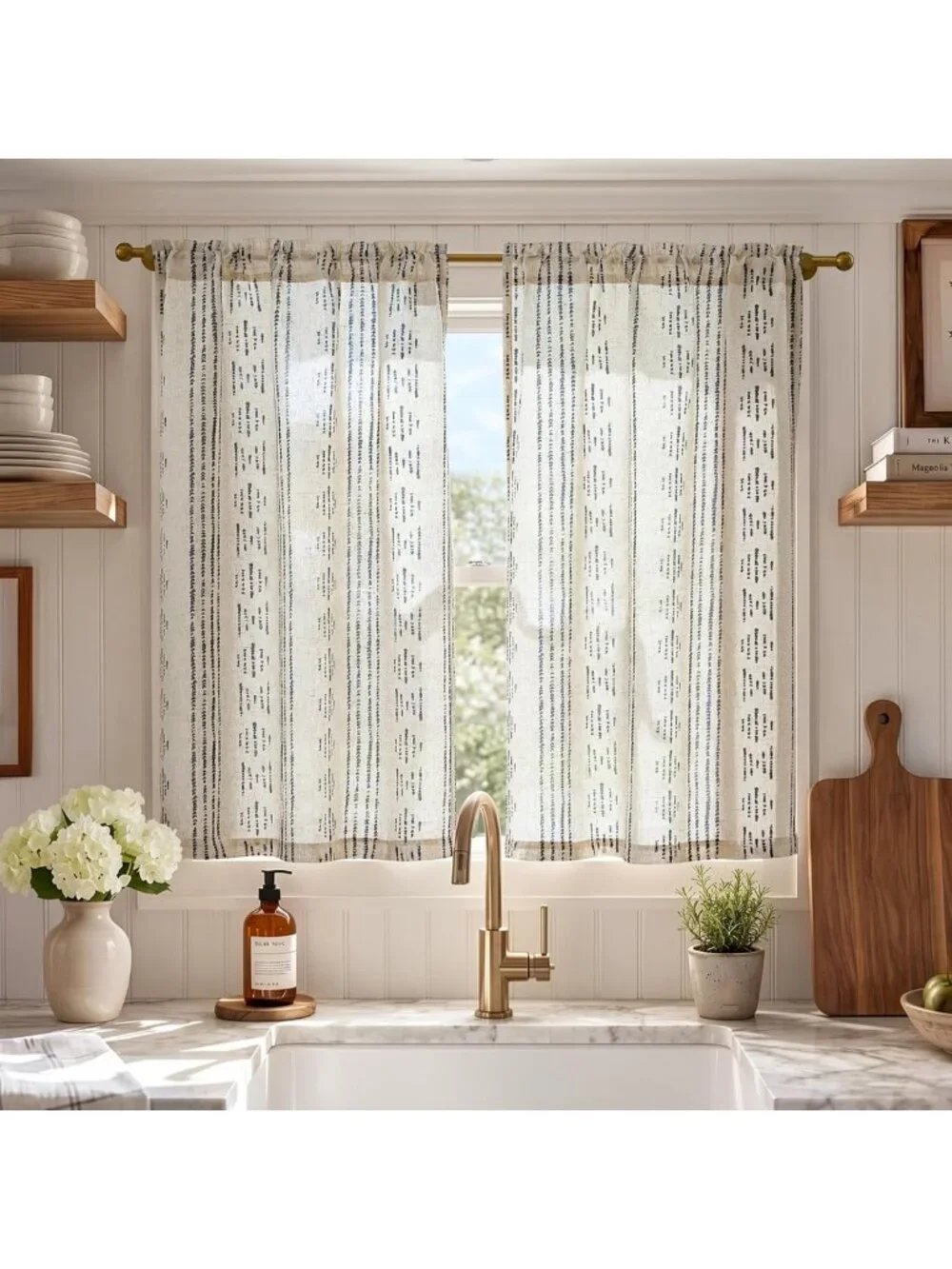 Boho Striped Linen Tier Curtains | Chic Cafe Kitchen Window Drapes